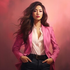 A business Asian woman in a pink jacket and jeans.