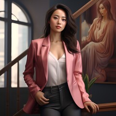 A business Asian woman in a pink jacket and jeans.