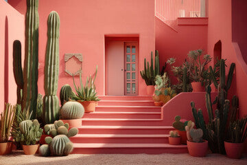 House exterior in pink color with many cactus on the stairs
