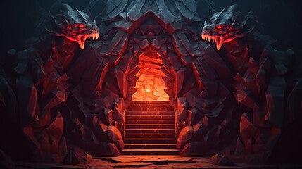 3d illustration of low poly mystical cave. Above the gate is stone