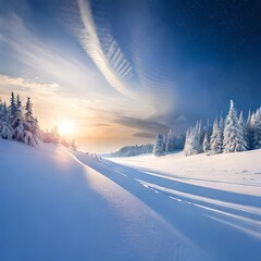 Winter snow background with snowdrifts, with beautiful light and snow flakes on the blue sky in the evening, banner format, copy space.AI generated