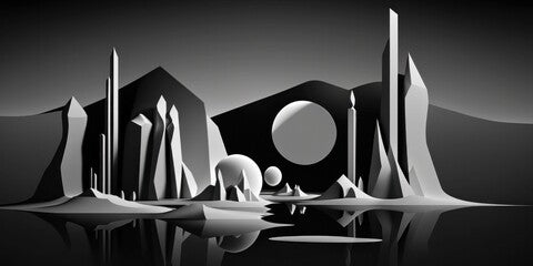 3d illustration of abstract background with mountains and lake in black and white.