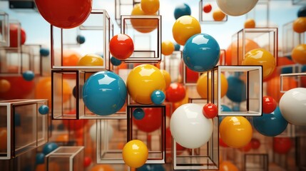3d illustration of glass cubes with colorful spheres backgrounds. 3d rendering.