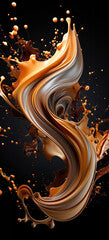 a splash of caramel or chocolate on a black background. created by generative AI technology.