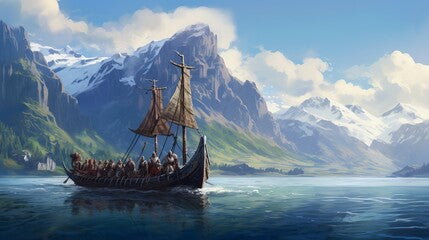 A bunch of Vikings are sailing on the ocean off the coast of Drakkar, with the mountains in the background.