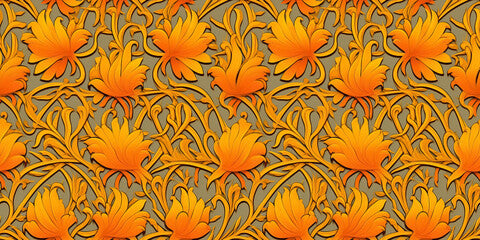 Seamless art nouveau orange and yellow gold pattern. Mosaic for wallpaper in contemporary vintage style with bright and striking colors for the background. Tile ornament fabric backdrop.