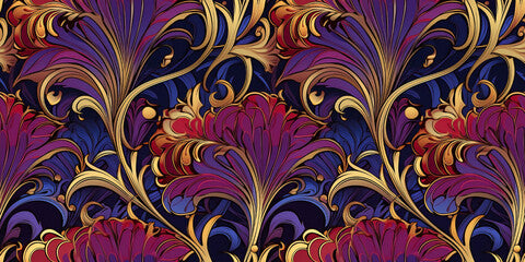 Seamless art nouveau purple, blue and gold pattern. Mosaic for wallpaper in contemporary vintage style with bright and striking colors for the background. Tile ornament fabric backdrop.