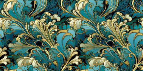 Seamless art nouveau turquoise and golden yellow pattern. Mosaic for wallpaper in contemporary vintage style with bright and striking colors for the background. Tile ornament fabric backdrop.