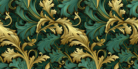 Seamless art nouveau emerald green and gold pattern. Mosaic for wallpaper in contemporary vintage style with bright and striking colors for the background. Tile ornament fabric backdrop.