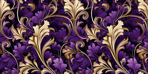 Seamless art nouveau purple and gold pattern. Mosaic for wallpaper in contemporary vintage style with bright and striking colors for the background. Tile ornament fabric backdrop.
