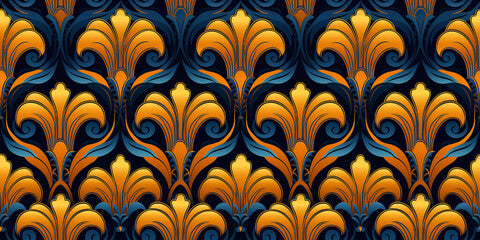 Seamless art nouveau yellow gold and blue pattern. Mosaic for wallpaper in contemporary vintage style with bright and striking colors for the background. Tile ornament fabric backdrop.
