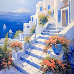 beautiful view of white clay building and beach in Santorini Greece