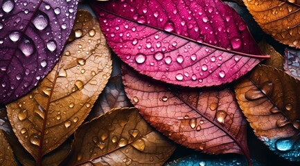Autumn colorful leaves with beautiful rain or dew drops, generative ai.