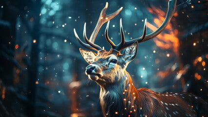Christmas reindeer on snow forest background.