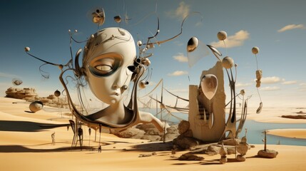 3D illustration of a surreal landscape with a woman in the desert.