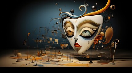3d illustration of abstract composition with theatre mask and musical notes.
