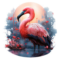 A captivating flamingo t-shirt design set in an enchanted forest, featuring a flamingo with feathered wings, Generative Ai