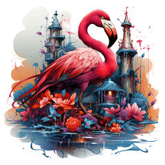 A captivating flamingo t-shirt design set in a whimsical world of fantasy, featuring a flamingo with ethereal, Generative Ai