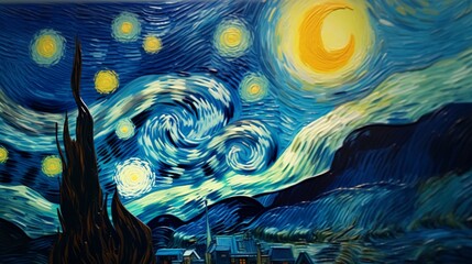Starry Night by Vincent van Gogh in the style of macar. Impressionism. Generative AI.