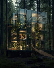A big modern light glass house in a forest filled with trees