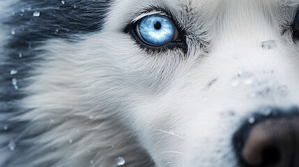 A close-up of a Siberian husky's blue eyes and snow-covered fur