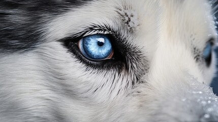 A close-up of a Siberian husky's blue eyes and snow-covered fur