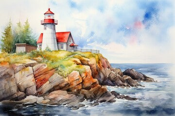 Watercolor art portrait of lighthouse and ocean scenery. Generative AI