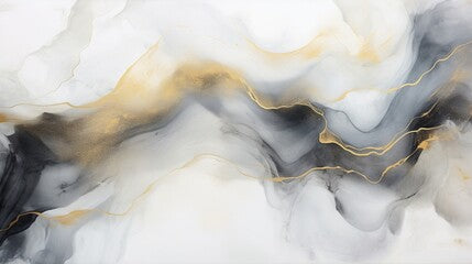 Abstract grey art with gold a?" black and white background with beautiful smudges and stains made with alcohol ink and golden paint. Grey fluid texture resembles marble, smoke, watercolor or aquarelle