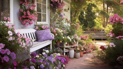 "Craft an image that highlights the charm of a cottage garden, with a mix of roses, daisies, and lavender in a rustic setting