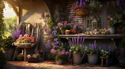 "Craft an image that highlights the charm of a cottage garden, with a mix of roses, daisies, and lavender in a rustic setting