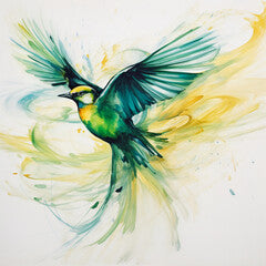 Abstract Bird Art in Cool Green and Yellow Tones Inspired by Fluid Ink Paintings