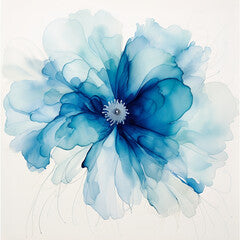 Abstract Turquoise and Navy Blue Flower Inspired by Fluid Ink Paintings