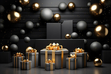 3d render black christmas background with gift box and golden balloons.