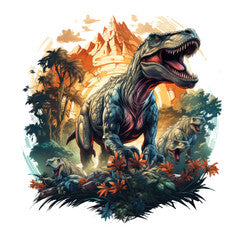 A captivating Dinosaur t-shirt design showcasing a group of adventurers traversing a treacherous, Generative Ai