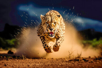 A cheetah in full stride, showcasing its incredible speed and grace as it runs across the African savannah in pursuit of its prey.