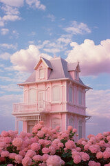 Beautiful pink house in the sky and rose flowers. The minimum concept of dreams about your home.