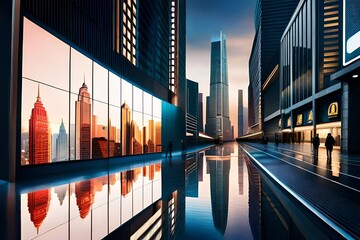 3D Rendering of billboards and advertisement signs at modern buildings in capital city with light reflection from puddles on street. Concept for night life, never sleep business district cente