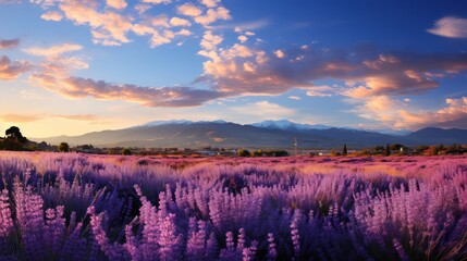 Lavender field wide panoramic view. Flower field scene view.
