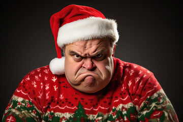 angry fat man dressed in christmas clothes