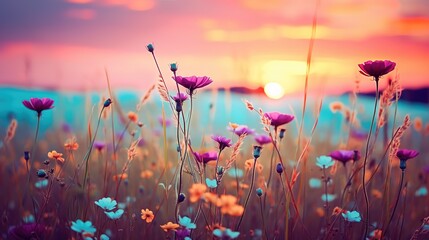 multi-colored wildflowers in watercolor at sunset, field, drawing, summer, delicate flowers