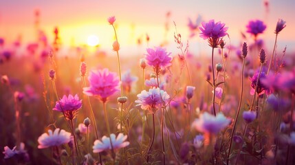 multi-colored wildflowers in watercolor at sunset, field, drawing, summer, delicate flowers