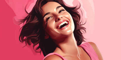3 d illustration of Portrait of a smiling woman on a pink background. Female health concept. Cancer Awareness Month concept.