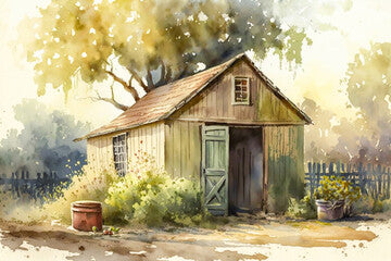 Old dilapidated barn or shed. A shed built near a mountain in the remote countryside of America or Europe. Rustic and resonant watercolor painting