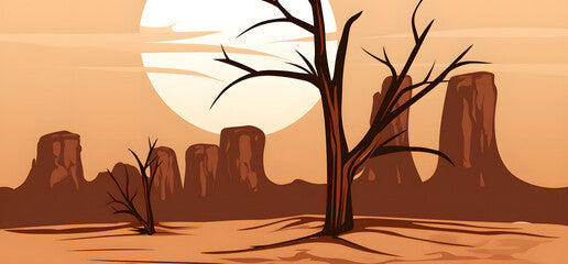 a barren desert with trees and rocks