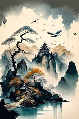 a painting of a mountain with a lake and birds flying over it and a pagoda in the background with a bird flying over it