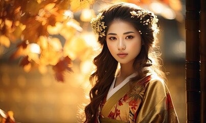 A delightful photograph showcasing the portrait of a girl wearing elegant Japanese garments, set against the vibrant colors of an autumn landscape.