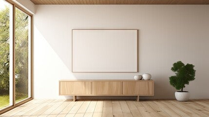 3D illustration depicting a minimalist room with white decor, a dresser, and a large wall displaying art, all set against a wooden floor and a window with a white landscape outside.