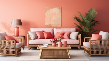 A a trendy living room with a chic sofa and coral decoration on a rattan table.