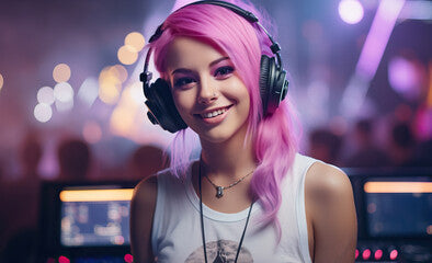 A beautiful girl with pink hair in headphones looks into the frame