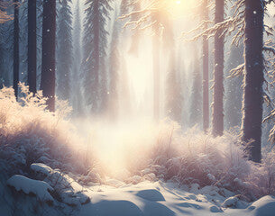 Winter landscape with sun rays and snow. AI